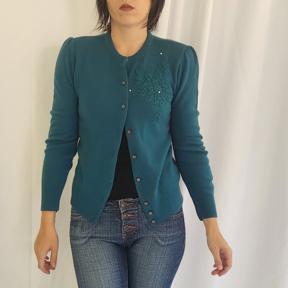 70s Sears Teal‎ Beaded Cardigan